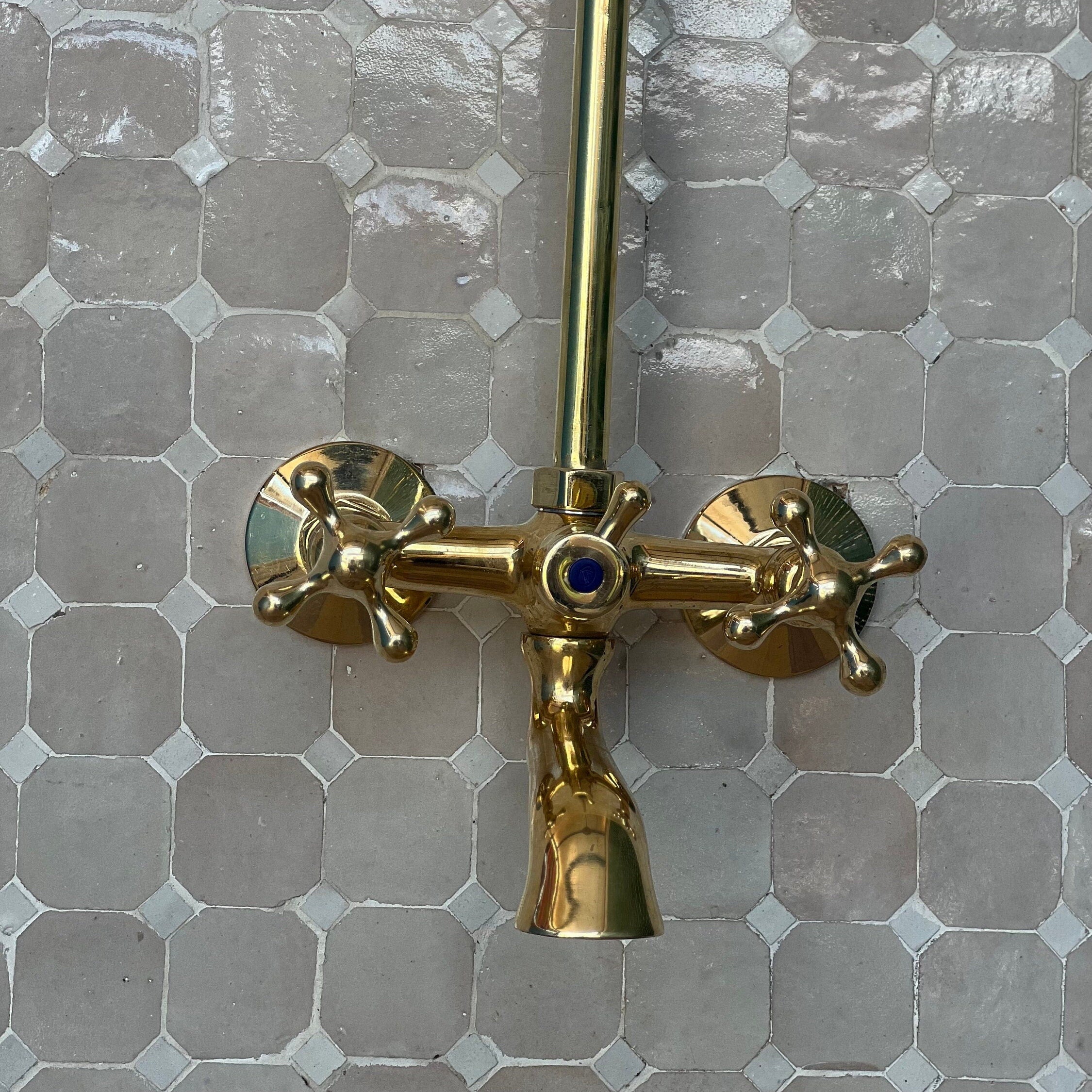 Unlacquered Brass Shower System, Round Shower Head with High Pressure - bohoprime